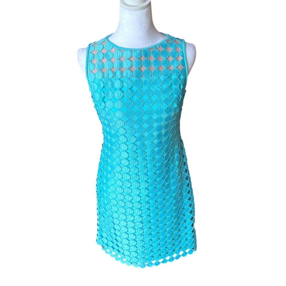 Ralph Lauren Light Blue Geometric Dress Turqoise Lace overlay